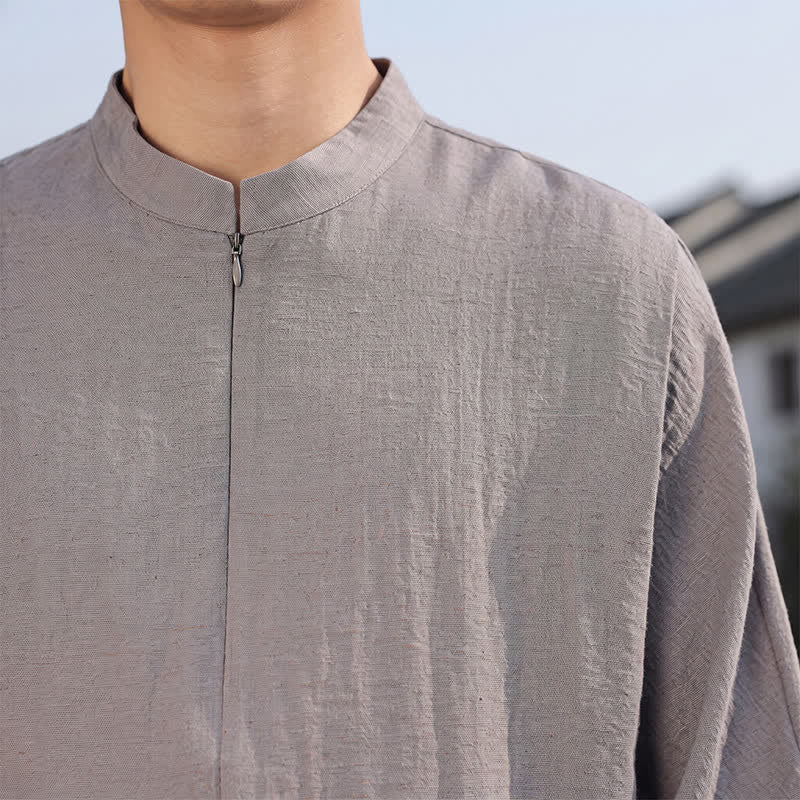 Buddha Stones Lässige, minimalistische Herren-Langarmhemden im Tang-Stil mit Stehkragen für Frühling und Sommer - image 9
