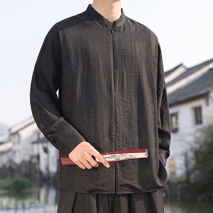 Buddha Stones Lässige, minimalistische Herren-Langarmhemden im Tang-Stil mit Stehkragen für Frühling und Sommer - image 11
