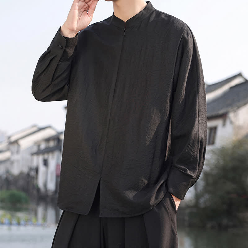 Buddha Stones Lässige, minimalistische Herren-Langarmhemden im Tang-Stil mit Stehkragen für Frühling und Sommer - image 16