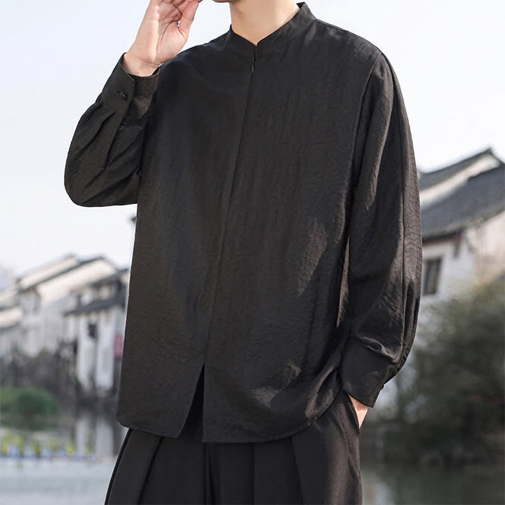 Buddha Stones Lässige, minimalistische Herren-Langarmhemden im Tang-Stil mit Stehkragen für Frühling und Sommer - image 16