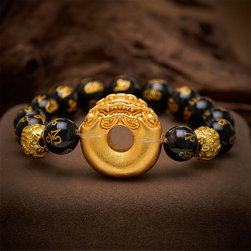 Buddha Stones Schwarzes Obsidian Pi Xiu Friedensschnalle Om Mani Padme Hum Reichtumsarmband - Schwarzer Obsidia (Handgelenkumfang: 6,7–7,1 Zoll / 17–18 cm) - image 0
