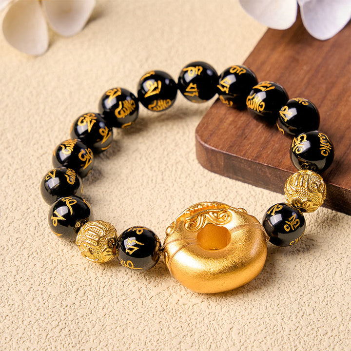 Buddha Stones Schwarzes Obsidian Pi Xiu Friedensschnalle Om Mani Padme Hum Reichtumsarmband - image 2