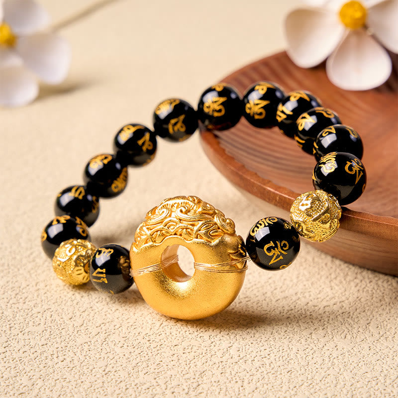 Buddha Stones Schwarzes Obsidian Pi Xiu Friedensschnalle Om Mani Padme Hum Reichtumsarmband - image 3