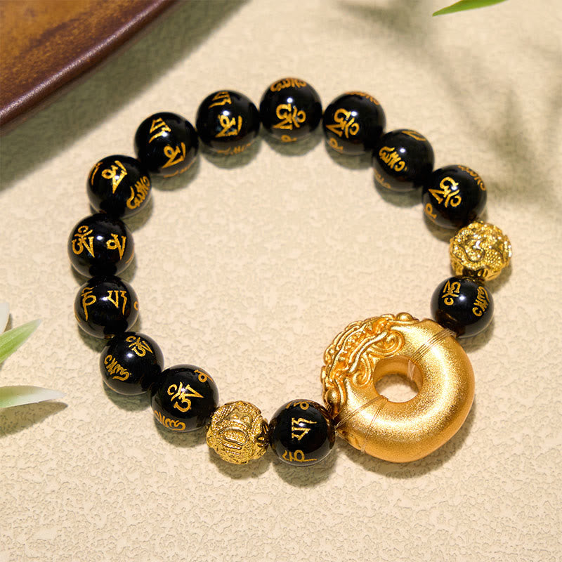 Buddha Stones Schwarzes Obsidian Pi Xiu Friedensschnalle Om Mani Padme Hum Reichtumsarmband - image 1