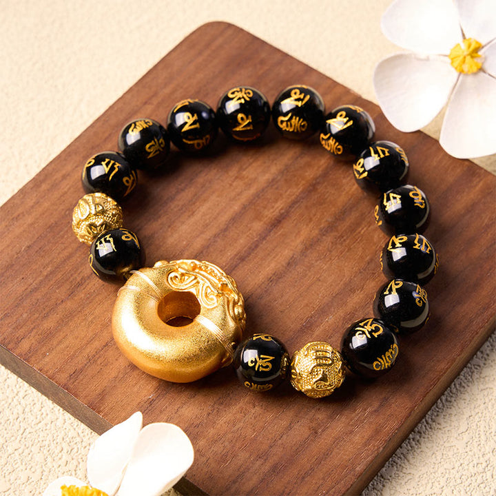 Buddha Stones Schwarzes Obsidian Pi Xiu Friedensschnalle Om Mani Padme Hum Reichtumsarmband - image 4
