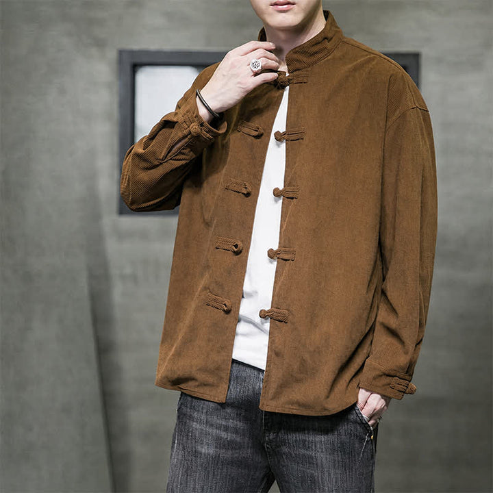 Buddha Stones Lässige Herrenjacke im Tang-Stil mit Froschknopfverschluss aus einfarbiger Baumwolle für Herbst und Winter - image 2