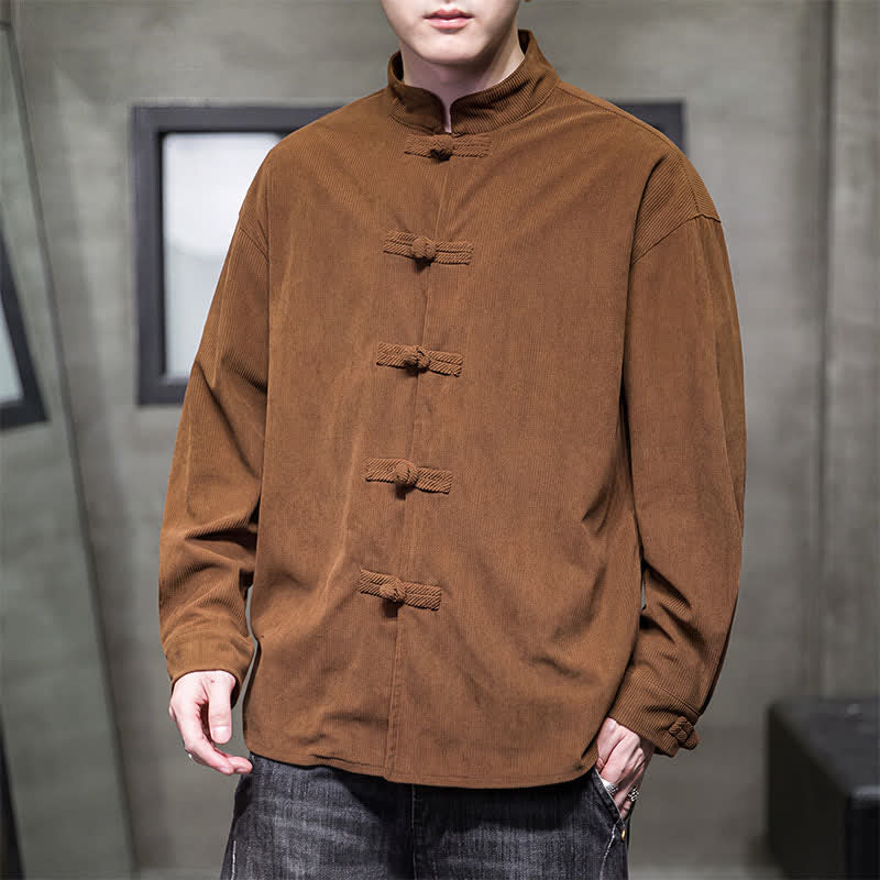 Buddha Stones Lässige Herrenjacke im Tang-Stil mit Froschknopfverschluss aus einfarbiger Baumwolle für Herbst und Winter - image 3