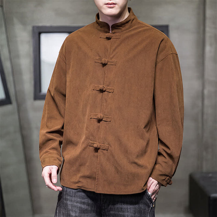 Buddha Stones Lässige Herrenjacke im Tang-Stil mit Froschknopfverschluss aus einfarbiger Baumwolle für Herbst und Winter - image 3