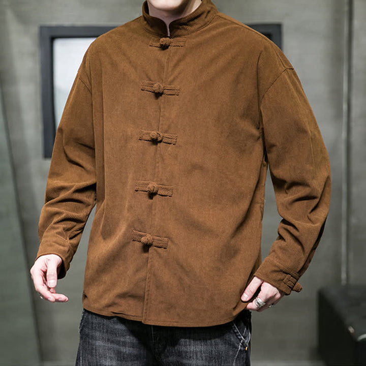 Buddha Stones Lässige Herrenjacke im Tang-Stil mit Froschknopfverschluss aus einfarbiger Baumwolle für Herbst und Winter - image 5