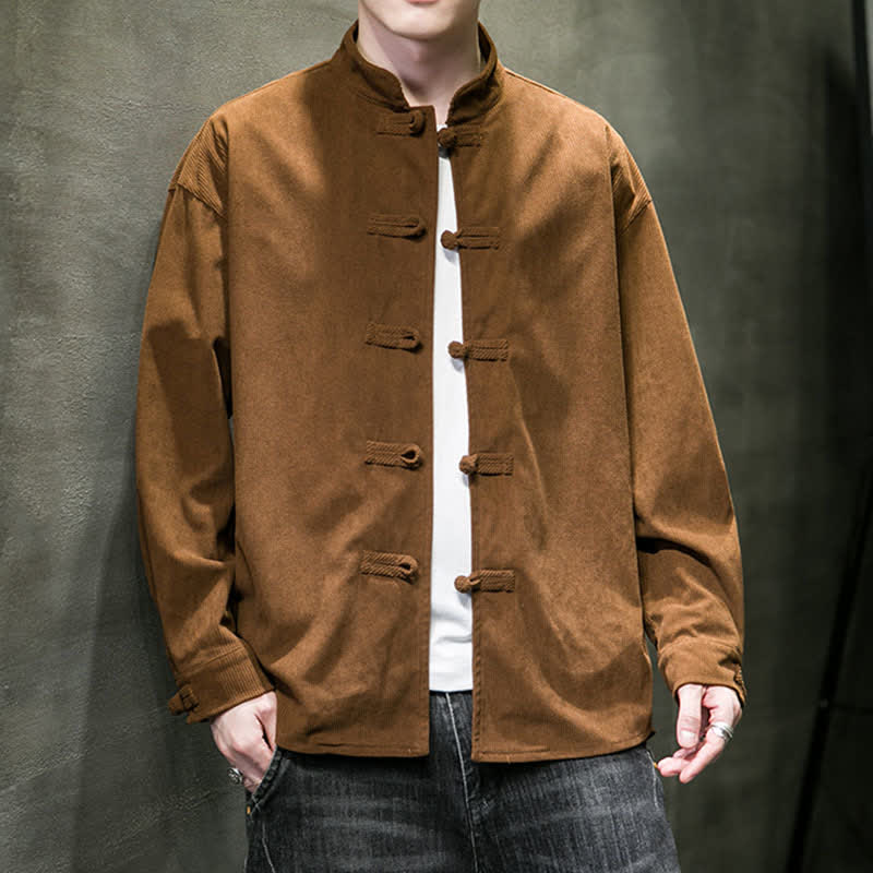 Buddha Stones Lässige Herrenjacke im Tang-Stil mit Froschknopfverschluss aus einfarbiger Baumwolle für Herbst und Winter - image 1