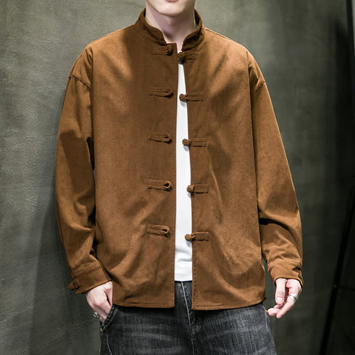 Buddha Stones Lässige Herrenjacke im Tang-Stil mit Froschknopfverschluss aus einfarbiger Baumwolle für Herbst und Winter - image 1