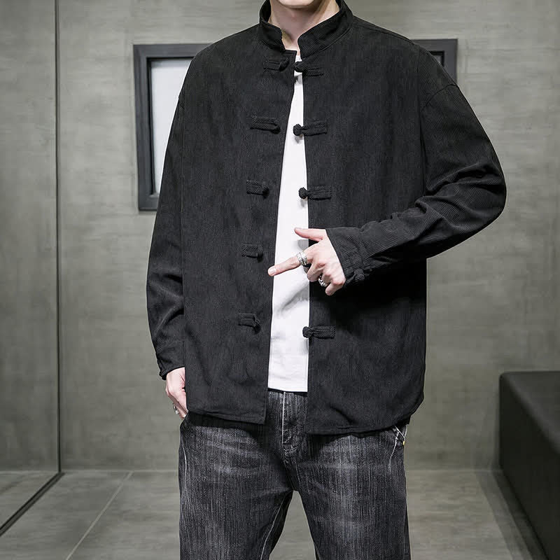 Buddha Stones Lässige Herrenjacke im Tang-Stil mit Froschknopfverschluss aus einfarbiger Baumwolle für Herbst und Winter - image 22