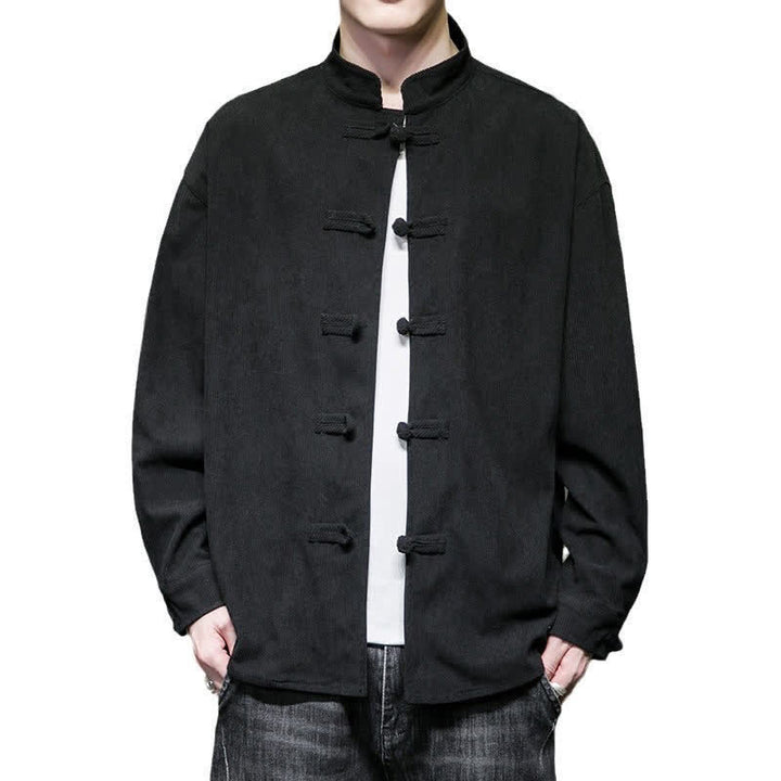 Buddha Stones Lässige Herrenjacke im Tang-Stil mit Froschknopfverschluss aus einfarbiger Baumwolle für Herbst und Winter - image 23