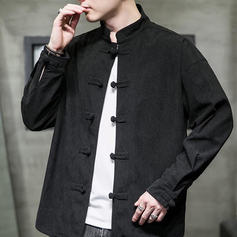 Buddha Stones Lässige Herrenjacke im Tang-Stil mit Froschknopfverschluss aus einfarbiger Baumwolle für Herbst und Winter - image 18