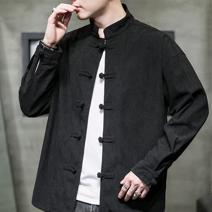 Buddha Stones Lässige Herrenjacke im Tang-Stil mit Froschknopfverschluss aus einfarbiger Baumwolle für Herbst und Winter - image 18