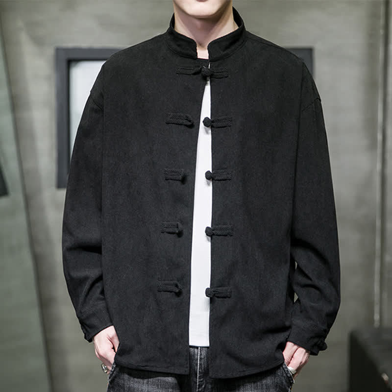 Buddha Stones Lässige Herrenjacke im Tang-Stil mit Froschknopfverschluss aus einfarbiger Baumwolle für Herbst und Winter - Schwarz - US/UK/AU46, EU56 (5XL) - image 17