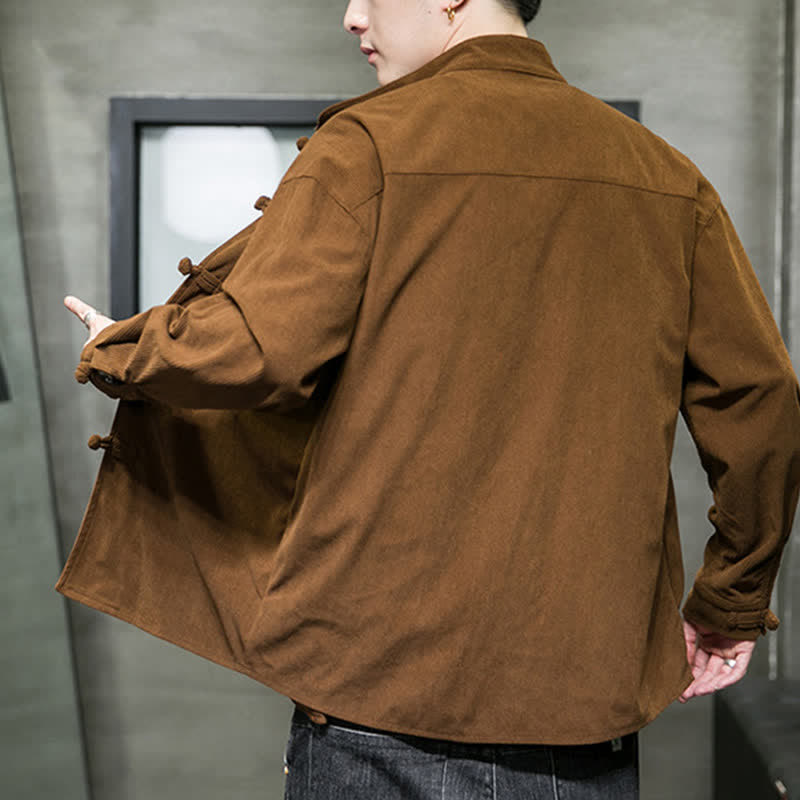 Buddha Stones Lässige Herrenjacke im Tang-Stil mit Froschknopfverschluss aus einfarbiger Baumwolle für Herbst und Winter - image 4