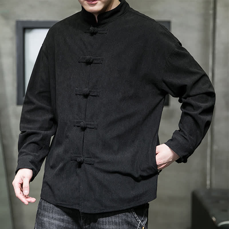 Buddha Stones Lässige Herrenjacke im Tang-Stil mit Froschknopfverschluss aus einfarbiger Baumwolle für Herbst und Winter - image 19