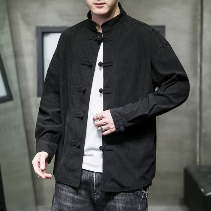 Buddha Stones Lässige Herrenjacke im Tang-Stil mit Froschknopfverschluss aus einfarbiger Baumwolle für Herbst und Winter - image 20