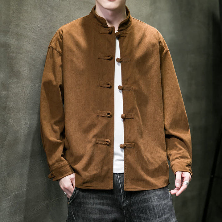Buddha Stones Lässige Herrenjacke im Tang-Stil mit Froschknopfverschluss aus einfarbiger Baumwolle für Herbst und Winter - Sienna - US/UK/AU46, EU56 (5XL) - image 0