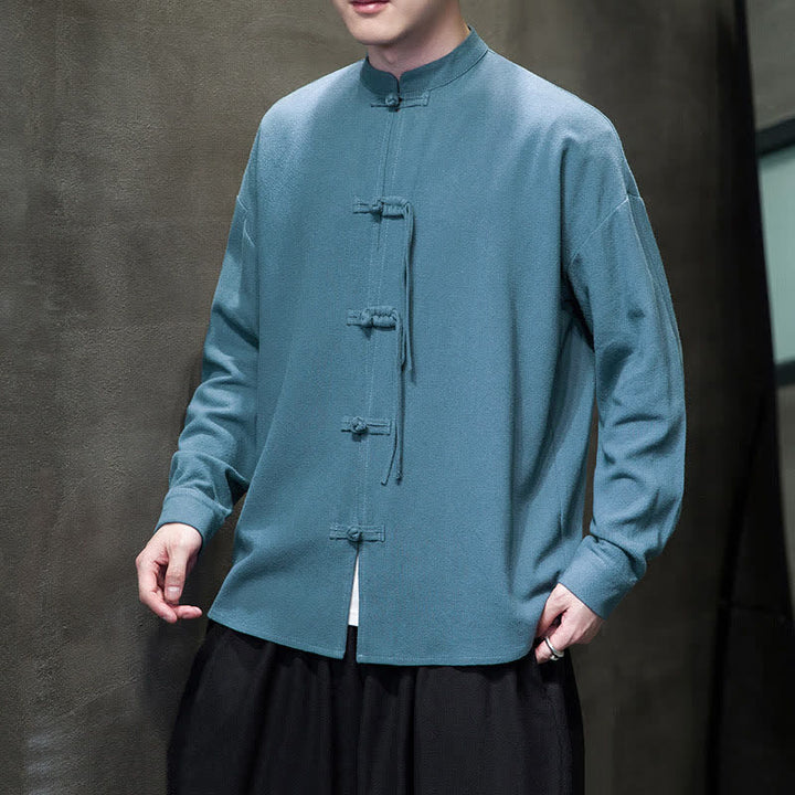 Buddha Stones Herbst/Winter Herrenjacke im Tang-Stil mit Vintage-Froschknopf aus einfarbigem Baumwoll-Leinen-Mischgewebe - image 2