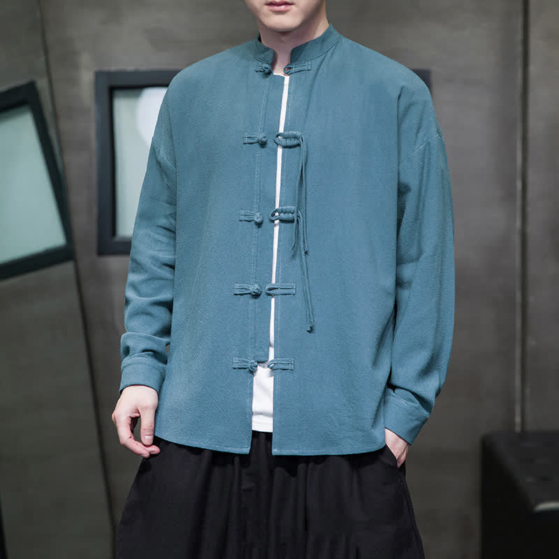 Buddha Stones Herbst/Winter Herrenjacke im Tang-Stil mit Vintage-Froschknopf aus einfarbigem Baumwoll-Leinen-Mischgewebe - Kadettenblau - US/UK/AU46, EU56 (5XL) - image 0