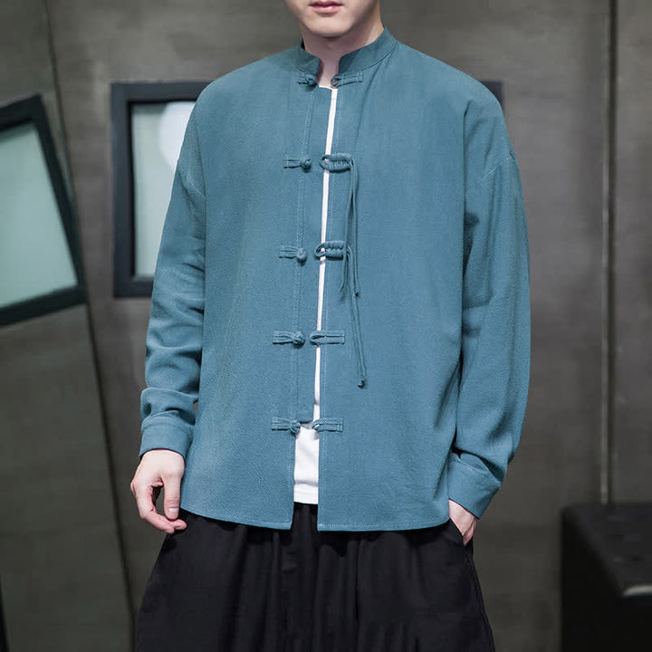 Buddha Stones Herbst/Winter Herrenjacke im Tang-Stil mit Vintage-Froschknopf aus einfarbigem Baumwoll-Leinen-Mischgewebe - Kadettenblau - US/UK/AU46, EU56 (5XL) - image 0