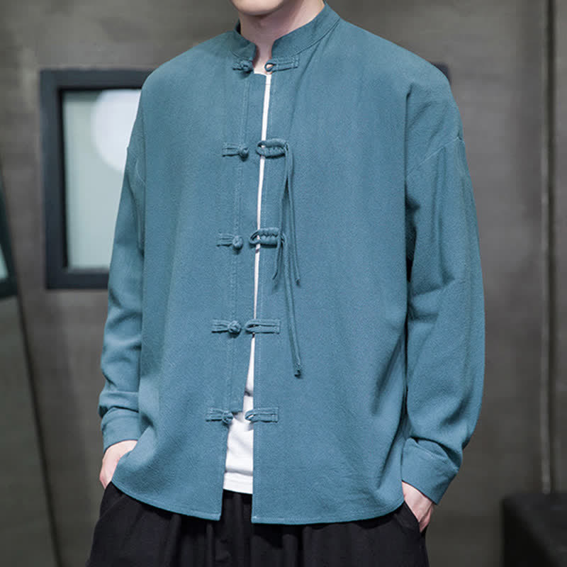 Buddha Stones Herbst/Winter Herrenjacke im Tang-Stil mit Vintage-Froschknopf aus einfarbigem Baumwoll-Leinen-Mischgewebe - image 5
