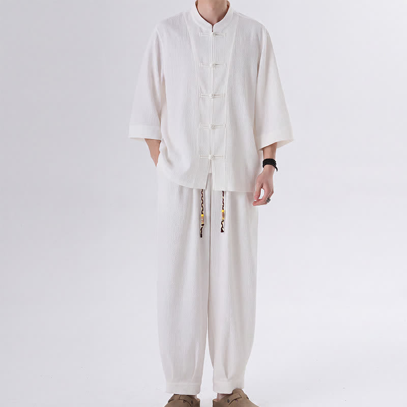 Buddha Stones 2-teiliges Set im Spring Tang Style: Dreiviertelärmeliges Hemd mit Froschknopfleiste, einfarbige Hose, Herren-Meditationskleidung mit Tasche - Weiß - US/UK/AU46, EU56 (5XL) - image 12