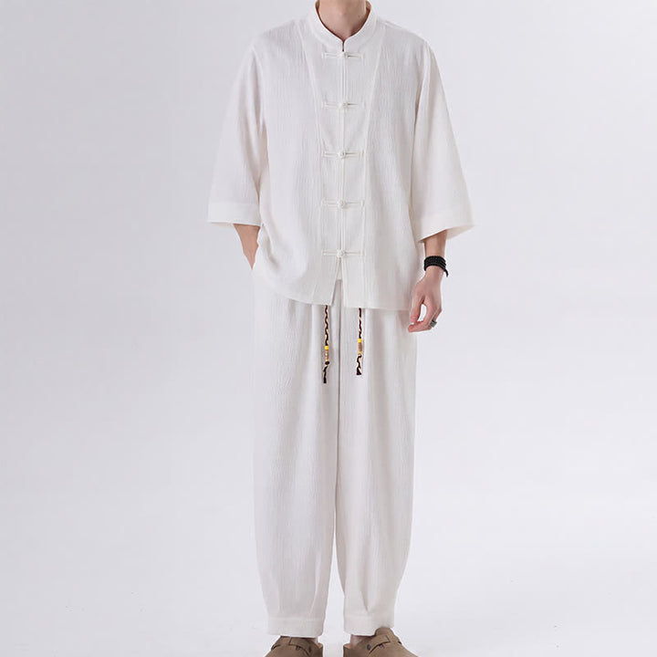 Buddha Stones 2-teiliges Set im Spring Tang Style: Dreiviertelärmeliges Hemd mit Froschknopfleiste, einfarbige Hose, Herren-Meditationskleidung mit Tasche - Weiß - US/UK/AU46, EU56 (5XL) - image 12