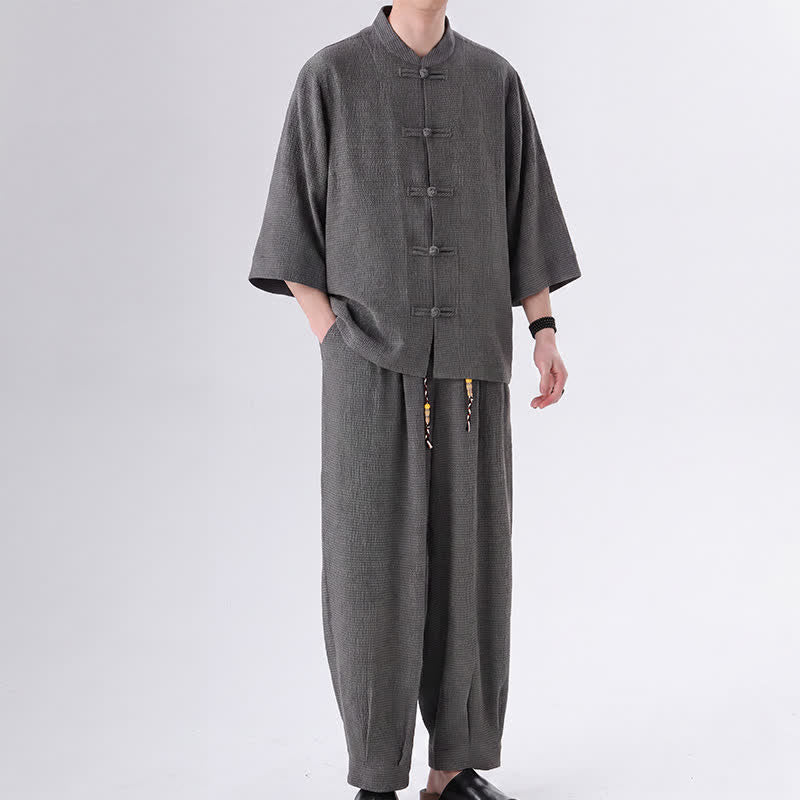 Buddha Stones 2-teiliges Set im Spring Tang Style: Dreiviertelärmeliges Hemd mit Froschknopfleiste, einfarbige Hose, Herren-Meditationskleidung mit Tasche - DimGray - US/UK/AU46, EU56 (5XL) - image 9