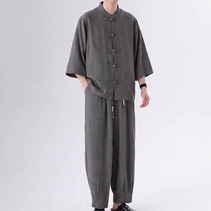 Buddha Stones 2-teiliges Set im Spring Tang Style: Dreiviertelärmeliges Hemd mit Froschknopfleiste, einfarbige Hose, Herren-Meditationskleidung mit Tasche - DimGray - US/UK/AU46, EU56 (5XL) - image 9
