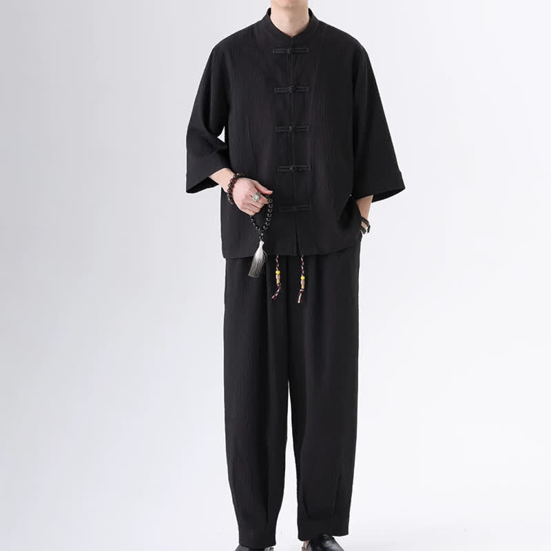 Buddha Stones 2-teiliges Set im Spring Tang Style: Dreiviertelärmeliges Hemd mit Froschknopfleiste, einfarbige Hose, Herren-Meditationskleidung mit Tasche - Schwarz - US/UK/AU46, EU56 (5XL) - image 0