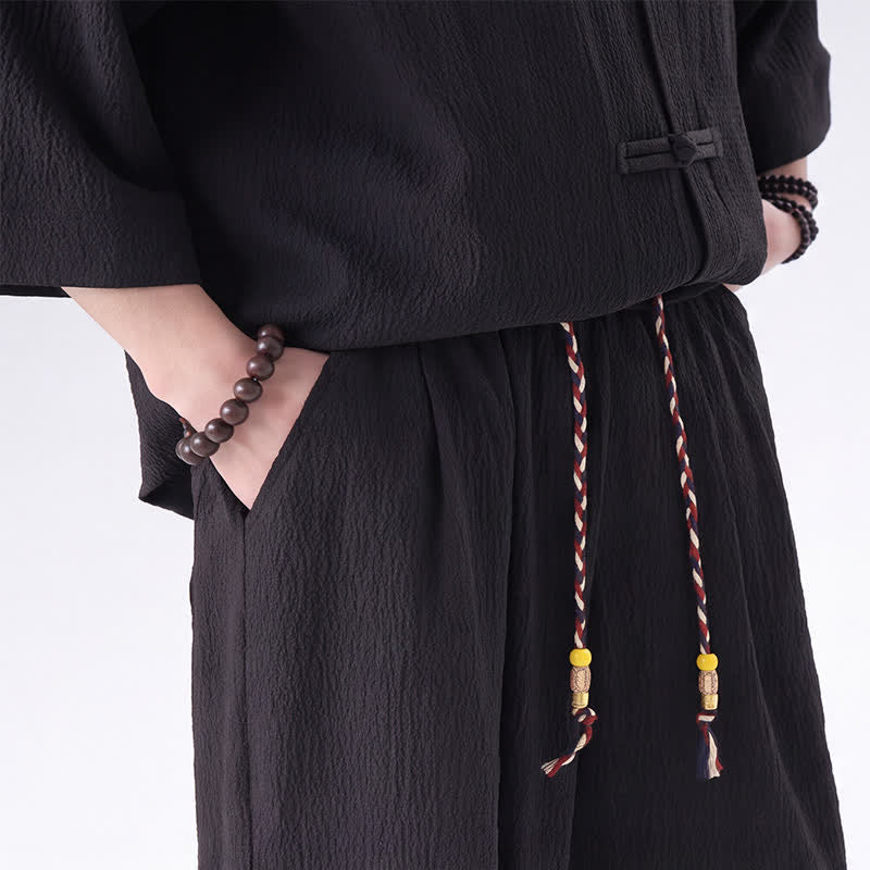 Buddha Stones 2-teiliges Set im Spring Tang Style: Dreiviertelärmeliges Hemd mit Froschknopfleiste, einfarbige Hose, Herren-Meditationskleidung mit Tasche - image 6