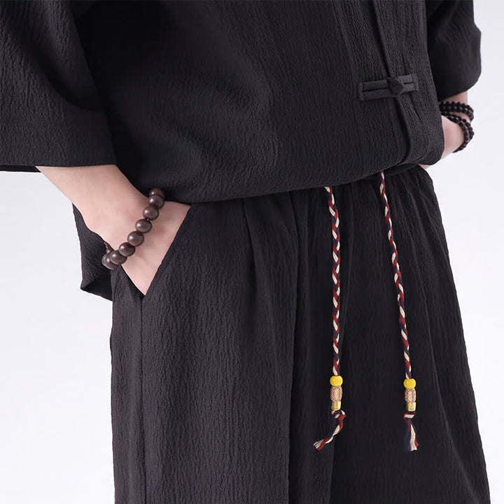 Buddha Stones 2-teiliges Set im Spring Tang Style: Dreiviertelärmeliges Hemd mit Froschknopfleiste, einfarbige Hose, Herren-Meditationskleidung mit Tasche - image 6