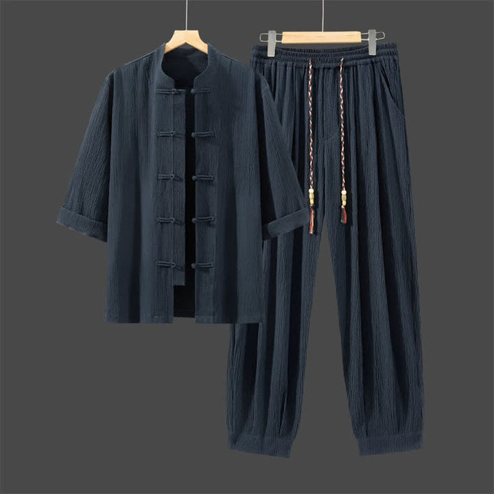 Buddha Stones 2-teiliges Set im Spring Tang Style: Dreiviertelärmeliges Hemd mit Froschknopfleiste, einfarbige Hose, Herren-Meditationskleidung mit Tasche - Mitternachtsblau - US/UK/AU46, EU56 (5XL) - image 16