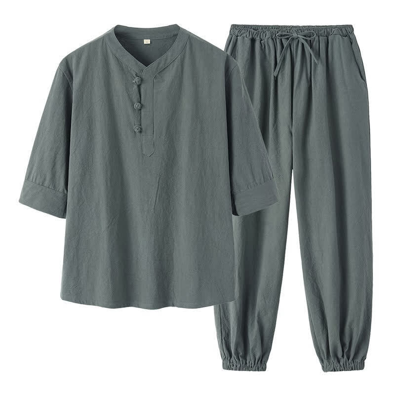 Buddha Stones 2-teiliges Set für Frühling und Sommer im Tang-Stil: Hemd und Hose mit Stehkragen, ellbogenlangen Ärmeln, einfarbig, aus Baumwolle, mit Taschen, ideal für Herren-Meditation. - image 4