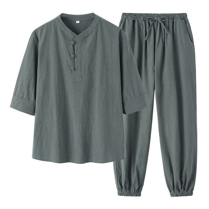 Buddha Stones 2-teiliges Set für Frühling und Sommer im Tang-Stil: Hemd und Hose mit Stehkragen, ellbogenlangen Ärmeln, einfarbig, aus Baumwolle, mit Taschen, ideal für Herren-Meditation. - image 4