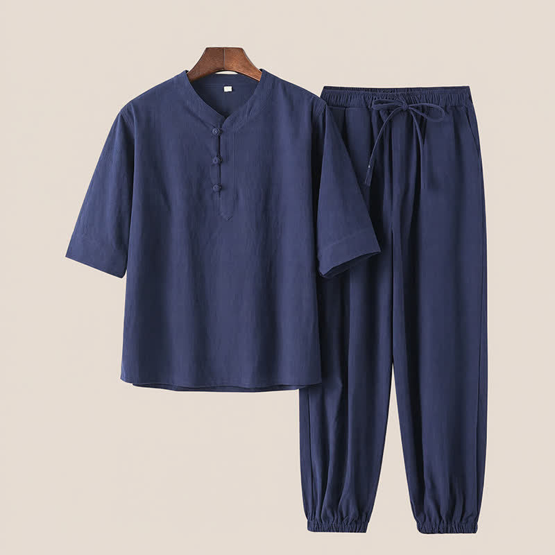 Buddha Stones 2-teiliges Set für Frühling und Sommer im Tang-Stil: Hemd und Hose mit Stehkragen, ellbogenlangen Ärmeln, einfarbig, aus Baumwolle, mit Taschen, ideal für Herren-Meditation. - Mitternachtsblau - US/UK/AU44, EU54 (4XL) - image 16