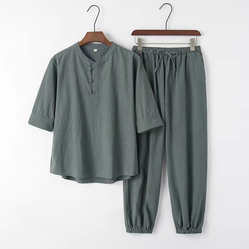 Buddha Stones 2-teiliges Set für Frühling und Sommer im Tang-Stil: Hemd und Hose mit Stehkragen, ellbogenlangen Ärmeln, einfarbig, aus Baumwolle, mit Taschen, ideal für Herren-Meditation. - Kadettenblau - US/UK/AU44, EU54 (4XL) - image 2