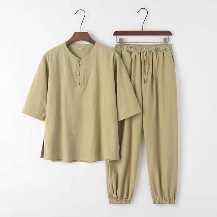 Buddha Stones 2-teiliges Set für Frühling und Sommer im Tang-Stil: Hemd und Hose mit Stehkragen, ellbogenlangen Ärmeln, einfarbig, aus Baumwolle, mit Taschen, ideal für Herren-Meditation. - image 19