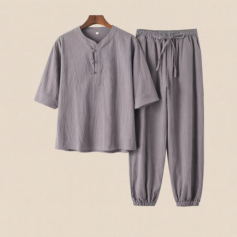 Buddha Stones 2-teiliges Set für Frühling und Sommer im Tang-Stil: Hemd und Hose mit Stehkragen, ellbogenlangen Ärmeln, einfarbig, aus Baumwolle, mit Taschen, ideal für Herren-Meditation. - image 1