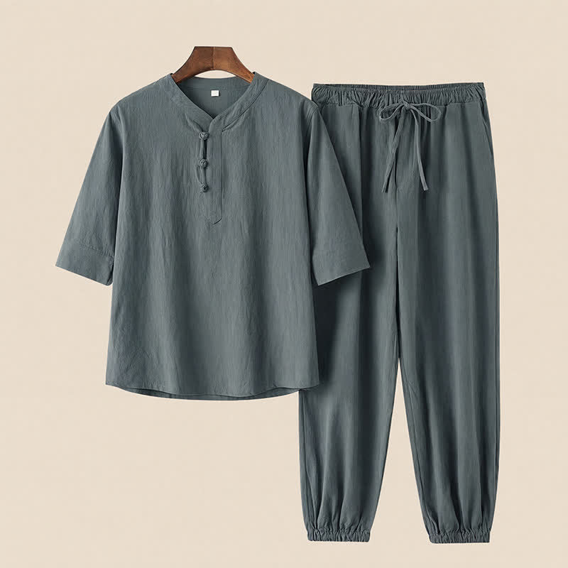 Buddha Stones 2-teiliges Set für Frühling und Sommer im Tang-Stil: Hemd und Hose mit Stehkragen, ellbogenlangen Ärmeln, einfarbig, aus Baumwolle, mit Taschen, ideal für Herren-Meditation. - image 3