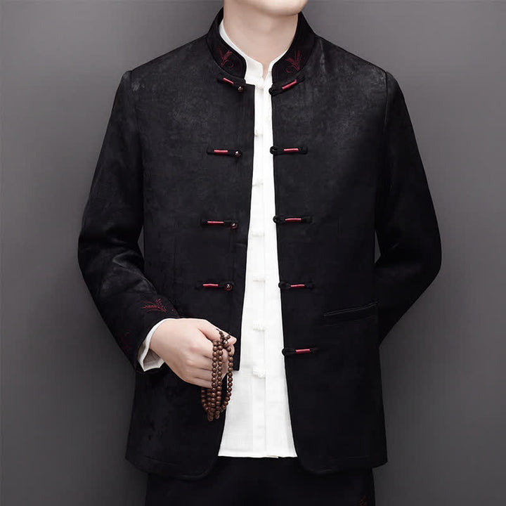 Buddha Stones 2-teiliges Set für Herbst und Winter: Elegante Herrenjacke und -hose im Tang-Stil mit Froschknopfleiste, Stehkragen und abstraktem Design, inklusive Tasche. - image 14