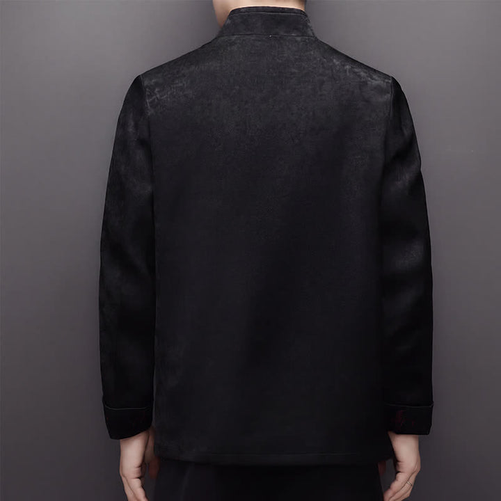 Buddha Stones 2-teiliges Set für Herbst und Winter: Elegante Herrenjacke und -hose im Tang-Stil mit Froschknopfleiste, Stehkragen und abstraktem Design, inklusive Tasche. - image 16