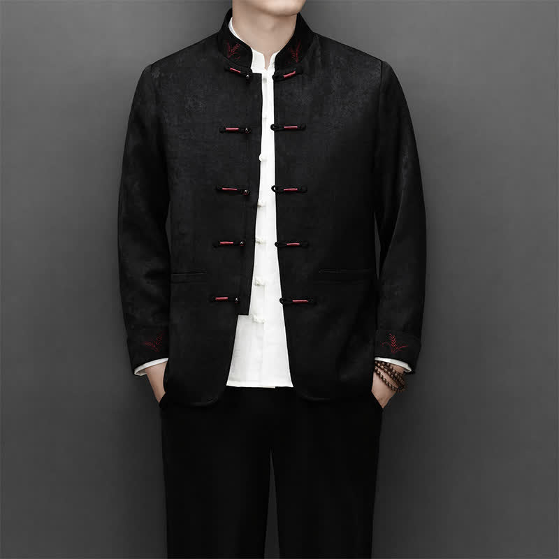 Buddha Stones 2-teiliges Set für Herbst und Winter: Elegante Herrenjacke und -hose im Tang-Stil mit Froschknopfleiste, Stehkragen und abstraktem Design, inklusive Tasche. - image 18
