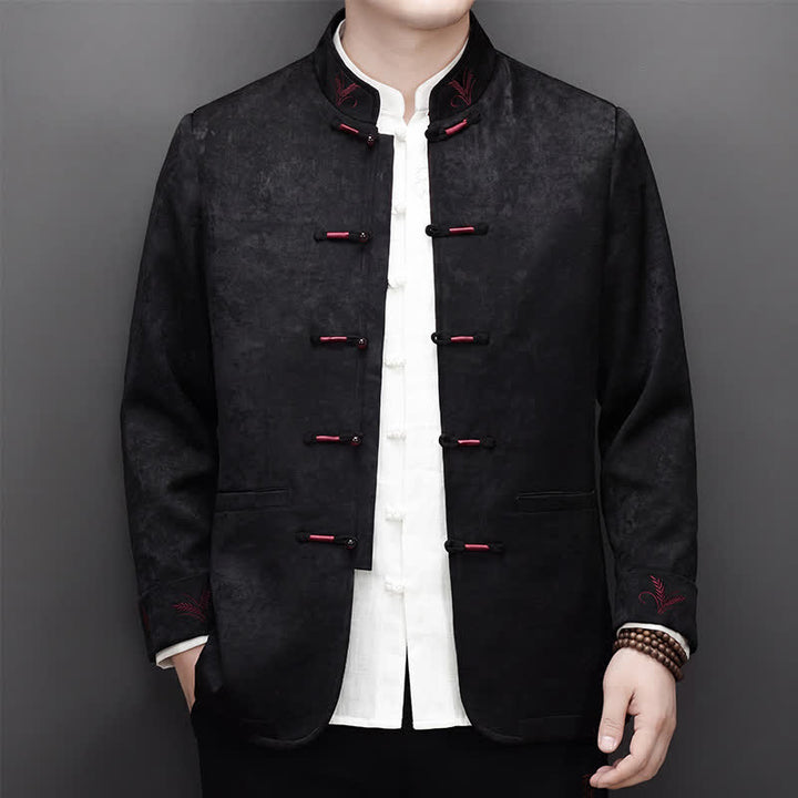 Buddha Stones 2-teiliges Set für Herbst und Winter: Elegante Herrenjacke und -hose im Tang-Stil mit Froschknopfleiste, Stehkragen und abstraktem Design, inklusive Tasche. - image 13