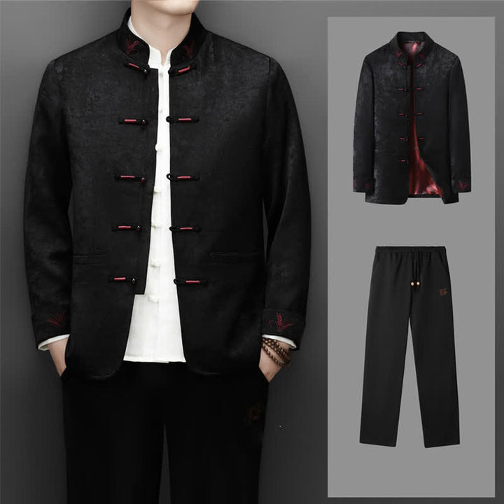 Buddha Stones 2-teiliges Set für Herbst und Winter: Elegante Herrenjacke und -hose im Tang-Stil mit Froschknopfleiste, Stehkragen und abstraktem Design, inklusive Tasche. - Schwarz - US/UK/AU44, EU54 (4XL) - image 12