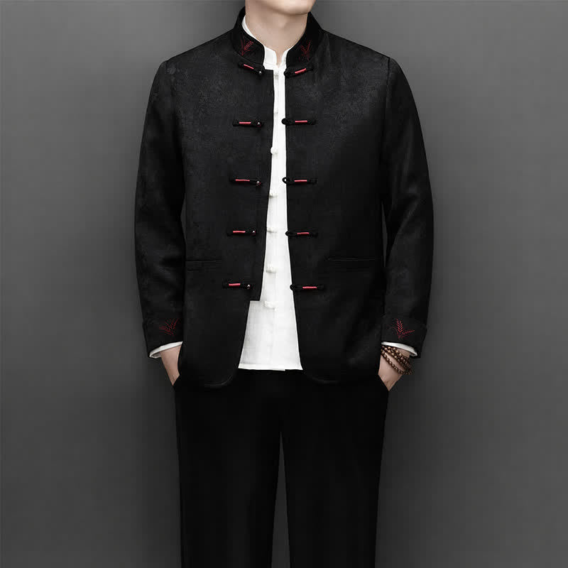 Buddha Stones 2-teiliges Set für Herbst und Winter: Elegante Herrenjacke und -hose im Tang-Stil mit Froschknopfleiste, Stehkragen und abstraktem Design, inklusive Tasche. - image 19