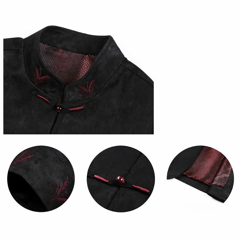 Buddha Stones 2-teiliges Set für Herbst und Winter: Elegante Herrenjacke und -hose im Tang-Stil mit Froschknopfleiste, Stehkragen und abstraktem Design, inklusive Tasche. - image 27
